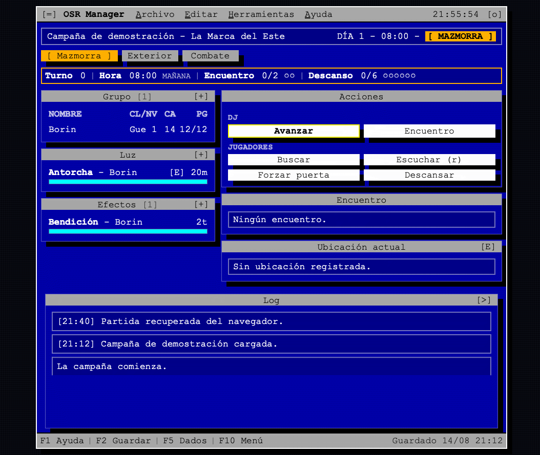 OSR Manager en modo Mazmorra, mostrando turno, luz, efectos y encuentro